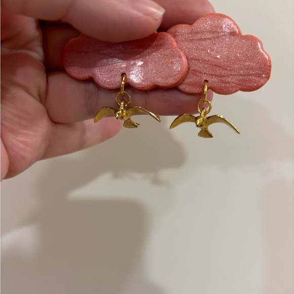 Unique Set of Handmade Earrings Pink Cloud with Gold Birds Like New - Picture 2 of 7
